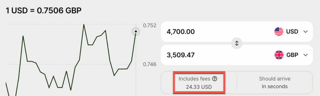 Example of fee charged by Wise for international payment