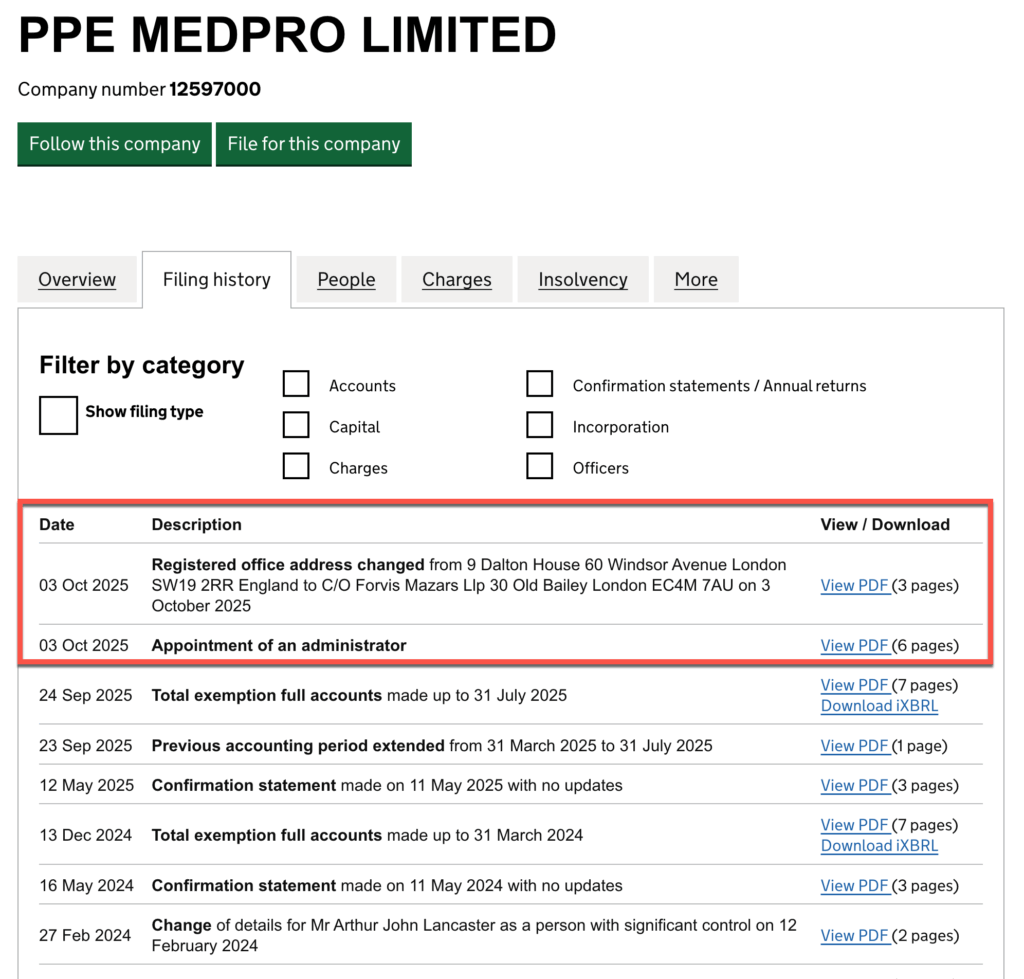 Example of a company administration on Companies House
