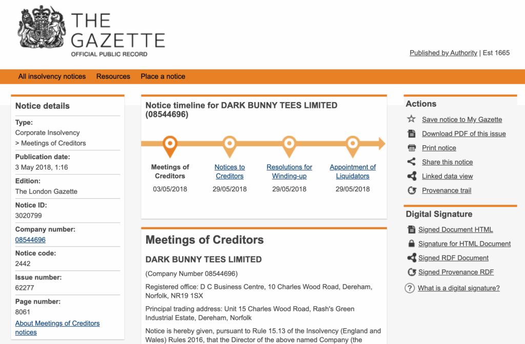 Example of a notice timeline in The Gazette